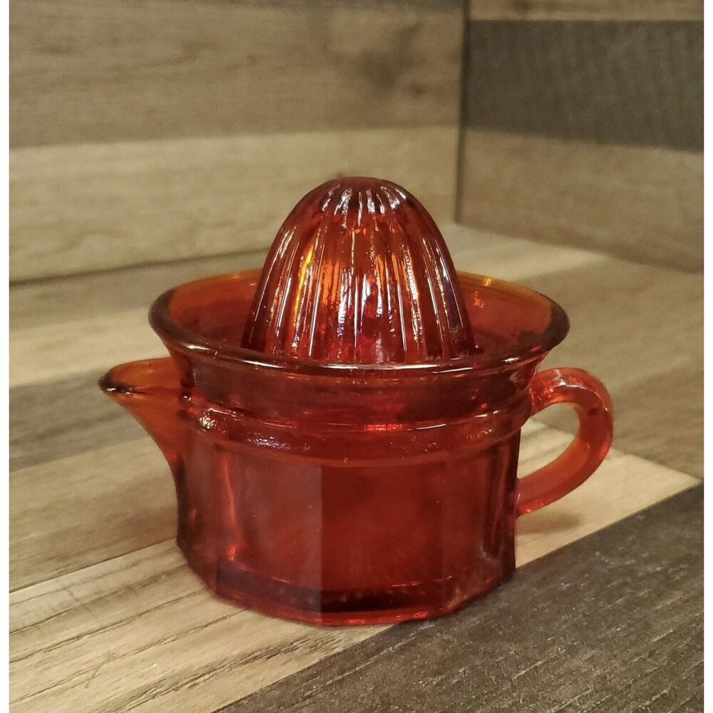 Vintage Ruby Red Amberina Depression Glass Juicer 2 Piece Cadmium Glow UV